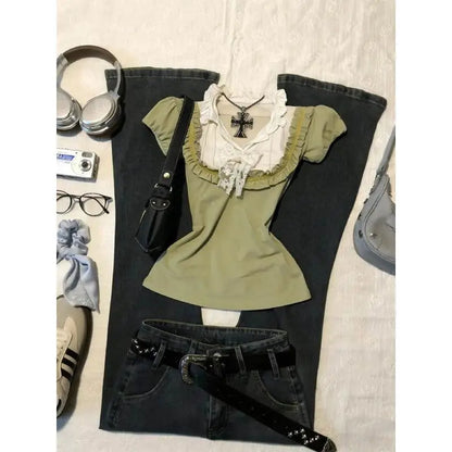 2000s Lace Trim Harajuku T Shirts Aesthetic Sweet Girl Summer Women Clothes Femme Trendy Green Kawaii Top Gentle Ruffle Y2k Tees