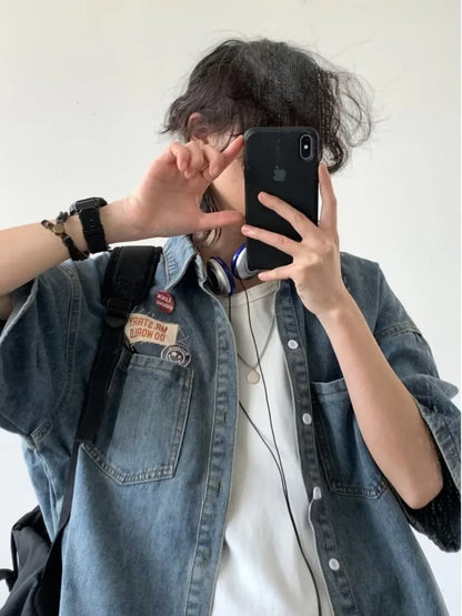 Harajuku Tooling Mens Sets 2024 Summer American Street Retro Denim Suit Hip Hop Printed Cowboy Shirt+Wide Leg Jeans 2-pcs New