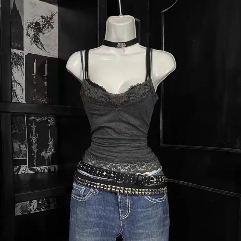 American Vintage Tank Top Women Slim Lace Trim Casual Camis Y2K Vintage Gothic Punk Subculture Sexy Style Girl 2026 Summer Top