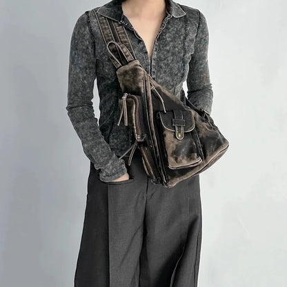 Annmouler Designer Backpacks for Women Soft Washed Letaher Sling Chest Bag Vintage Multi-pockets Punk Style Small Bag