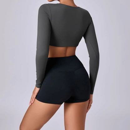 Crop Top Women Long Sleeve Tees 2026 Gym Shirt Padding Sports T-shirts Push Up Yoga Clothing Black White Blue Coffee Gray Navy