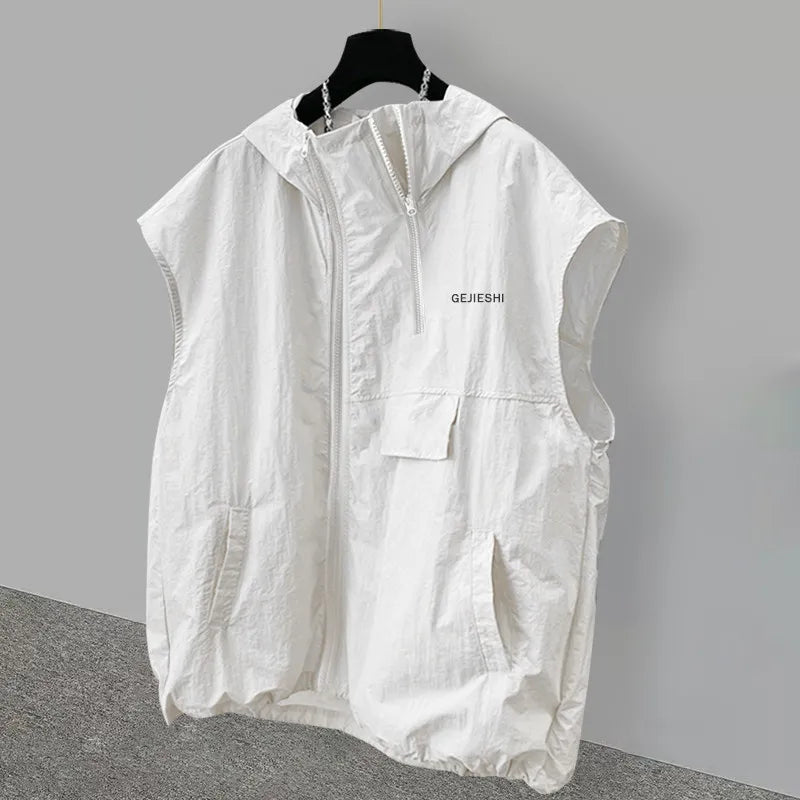 Casual Embroidered Hoodie Sleeveless T-Shirt Unisex Loose Fit Summer Zipper Design Workwear Vest Fashionable Youth Style