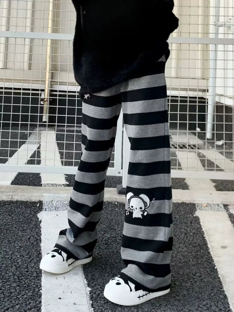 Kimotimo Punk Anime Printed Striped Pants Women Harajuku Y2k Straight Casual Long Trousers 2025 Autumn Vintage Gothic Streetwear
