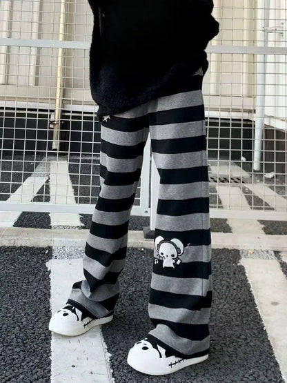 Kimotimo Punk Anime Printed Striped Pants Women Harajuku Y2k Straight Casual Long Trousers 2025 Autumn Vintage Gothic Streetwear