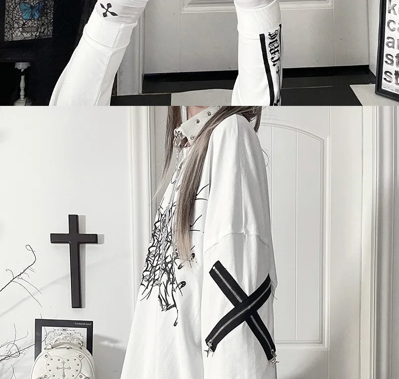Original Print Subculture Dark Loose Long Sleeve Pure Cotton T-Shirt Japanese Punk Gothic Long Sleeve Round Neck Cool Girl Top