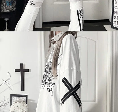 Original Print Subculture Dark Loose Long Sleeve Pure Cotton T-Shirt Japanese Punk Gothic Long Sleeve Round Neck Cool Girl Top