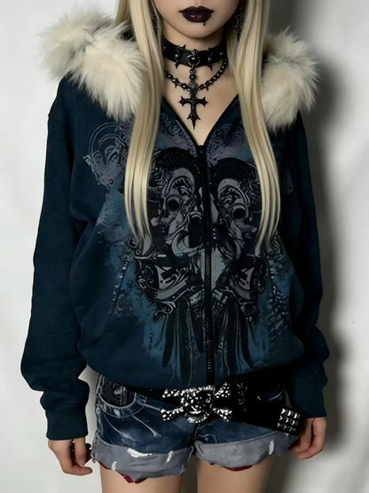 Dark Gothic Style Cross Design Printed Large Fur Collar Zipper Cardigan for Women 2026 Y2k Harajuku Spicy Girl Hooded Sweatshirt