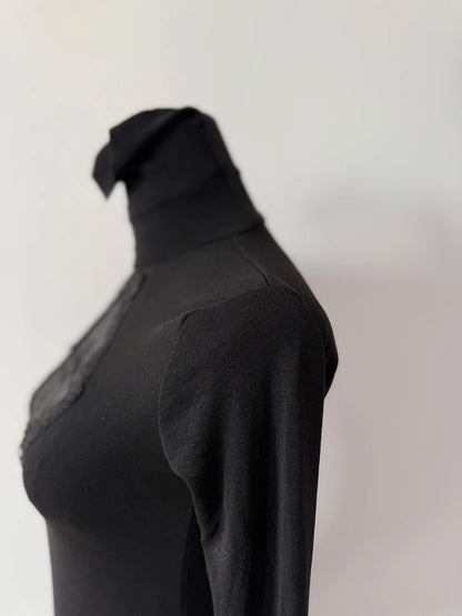 High Neck Dark Gothic Cross Hollow Slimming Bottom Knitted Shirt for Women Halloween Costume Long Sleeve Sexy T-shirt Women Tops