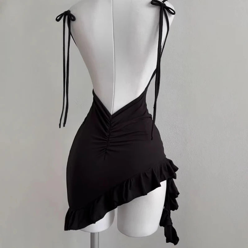 Women's Black Lace-Up Backless Mini Dress