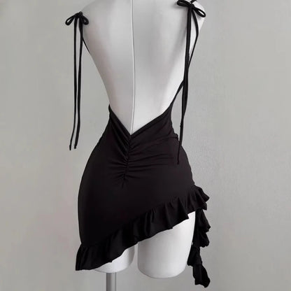 Women's Black Lace-Up Backless Mini Dress