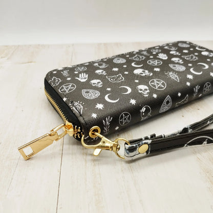 Trendy Gothic Skull Pattern Long Wallet, Portable Multi-card Slots Card Holder With Wristbands, Perfect Halloween Wrist Purse Fo