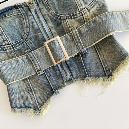 SINGREINY Vintage Denim Strapless Camis Backless Irregular Raw Hem Slim Distressed Crop Top Ladies Sashes Sexy Club Lingerie Top