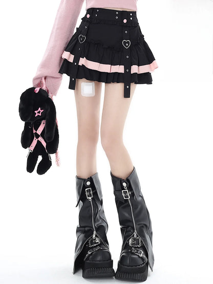 Original Gothic Y2K Sweet Strap Lace Puffy Cake Skirt Autumn New Chic Spicy Girl High Waist Slimming Mini Skirts for Women