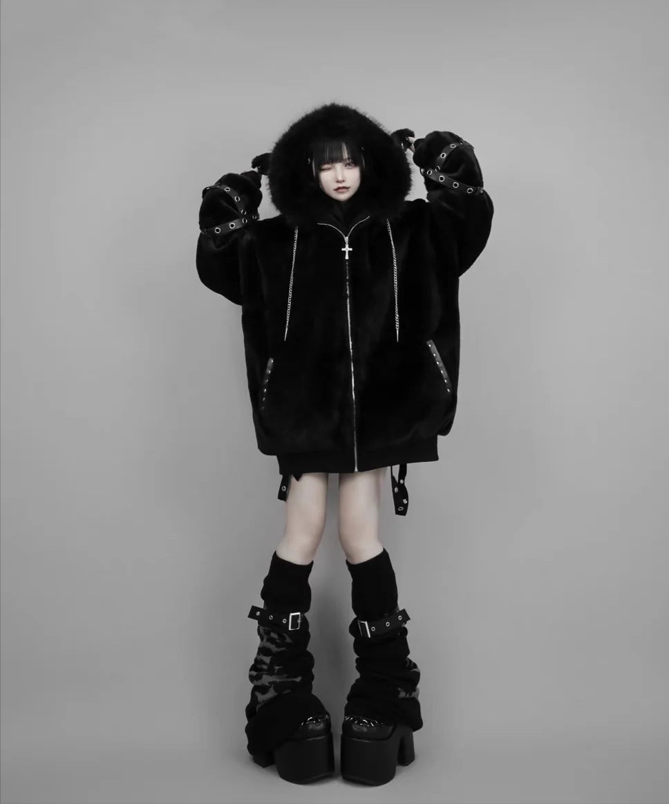Women's Harajuku Plush Ear Fur Coat