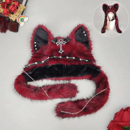 Winter Plush Beanie Hats Punk Wolf Furry Ear Protection Outdoor Windproof Caps Couples Headwear Gothic Dark Fursuit Cosplay Prop