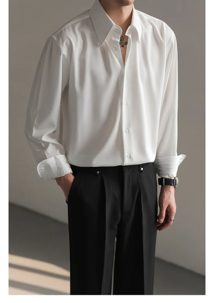 Black White Shirt Men Fashion Social Mens Dress Shirt Korean Loose Long Sleeved Shirt Mens Office Formal Shirts Ice Silk M-2XL