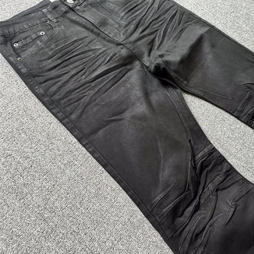 American retro heavy industry men and women black gothic retro casual loose jeans High street coated micro-flare jeans