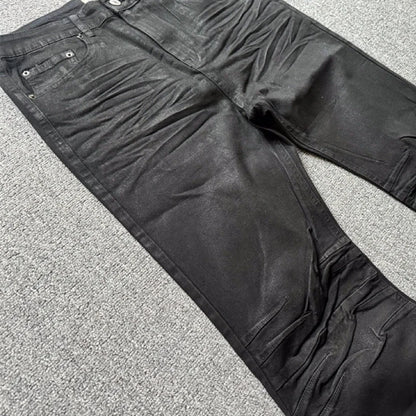 American retro heavy industry men and women black gothic retro casual loose jeans High street coated micro-flare jeans