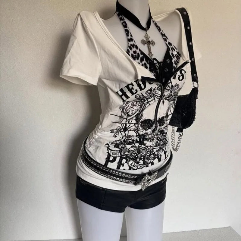 Women's Subculture Skull Print Fake Two-Piece T-Shirt Summer Gothic Slim Fit Halter Tops Y2K Harajuku Grunge Punk Fashion Tees