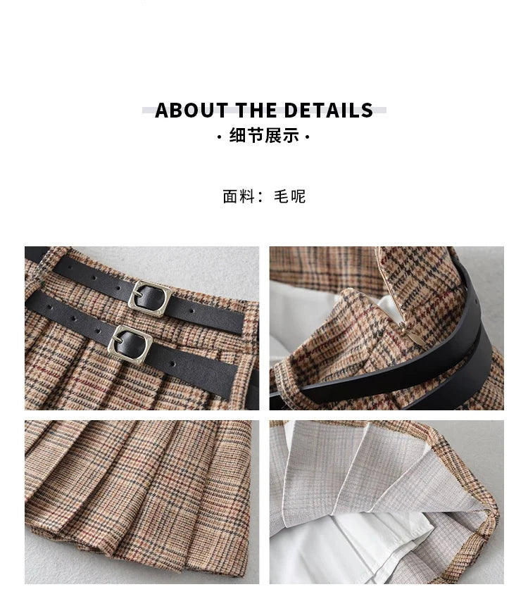 WOMENGAGA Preppy Style High Waist Slim Double Belt Slip Plaid Pleated Skirt Fashion Sexy Korean Women JK Skirts Sweet X8WN