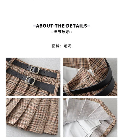 WOMENGAGA Preppy Style High Waist Slim Double Belt Slip Plaid Pleated Skirt Fashion Sexy Korean Women JK Skirts Sweet X8WN