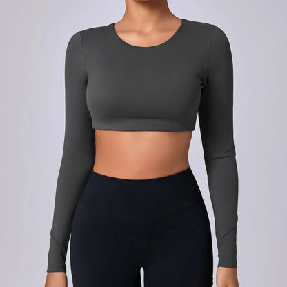 Crop Top Women Long Sleeve Tees 2026 Gym Shirt Padding Sports T-shirts Push Up Yoga Clothing Black White Blue Coffee Gray Navy
