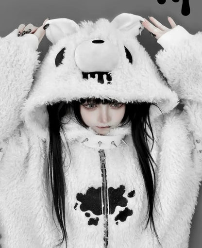 Japanese Gothic Hooded Plush Coat New Autumn Winter Subculture Cool Girl Women's Punk Rivet Lamb Wool Hoodie Jacket Zipper Coat