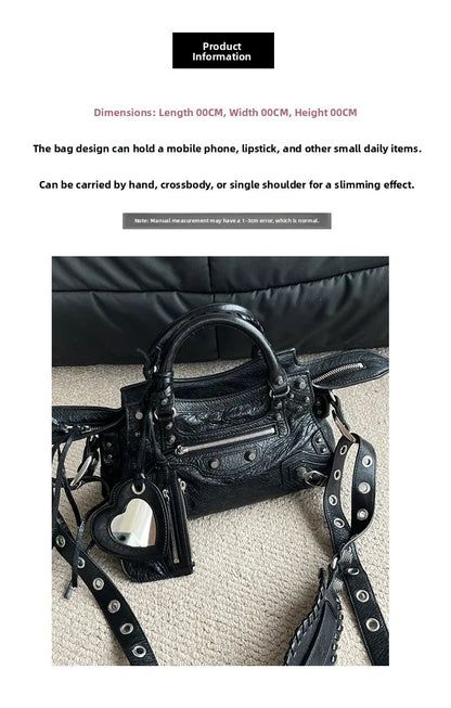 Neo Motorcycle Bag Handheld Rivet Head Layered Oil Wax Cowhide Crossbody Women's Bag Cool And Spicy Girl Retro Style Tote Bag