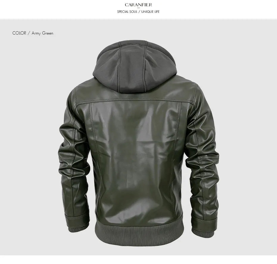 CARANFIER Men PU Leather Jacket Male Moto Biker Hooded Luxury Coats Clothing Faux Vintage Outerwear Chaqueta Hombre Dropshipping