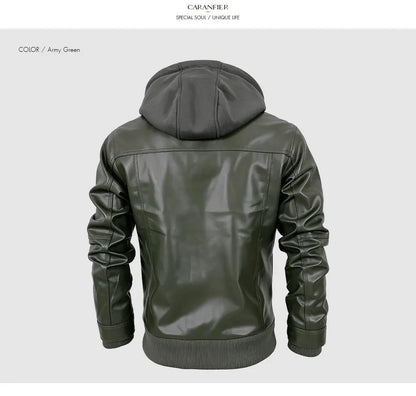 CARANFIER Men PU Leather Jacket Male Moto Biker Hooded Luxury Coats Clothing Faux Vintage Outerwear Chaqueta Hombre Dropshipping