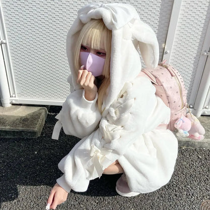 High Quality Japanese Winter New Sweet Cute Mine Cute Rabbit Ear Plush Cotton Coat Jacket Girl Lolita Fur Coats Women Parkas