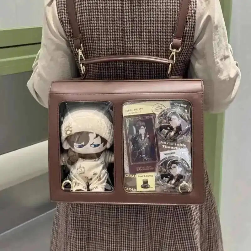 PU Leather Japanese Brown Ita Backpacks Transparent Jk Lolita Pain Bags Flap Pocket Student Shoulder Bags Preppy Style Bag Girls