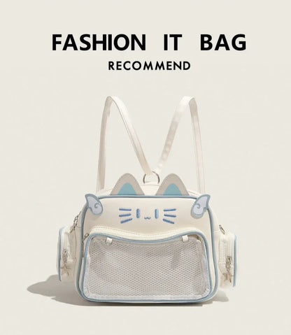 Women's Fashion Backpacks Y2K Korean Japan Kawaii Cat Ita Bag PU Cute Girls Transparent Pocket Aesthetic Shoulder Crossbody Bags
