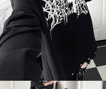 Original Print Subculture Dark Loose Long Sleeve Pure Cotton T-Shirt Japanese Punk Gothic Long Sleeve Round Neck Cool Girl Top