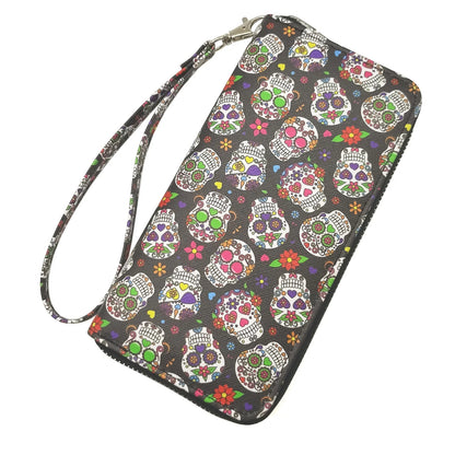 Trendy Gothic Skull Pattern Long Wallet, Portable Multi-card Slots Card Holder With Wristbands, Perfect Halloween Wrist Purse Fo