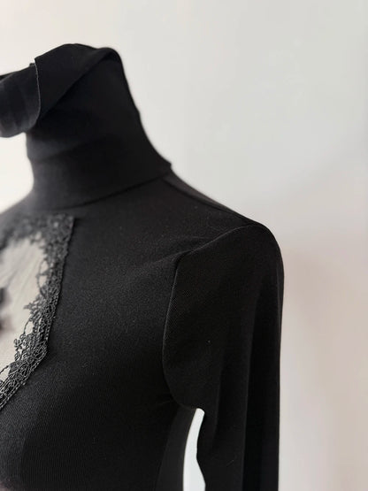 High Neck Dark Gothic Cross Hollow Slimming Bottom Knitted Shirt for Women Halloween Costume Long Sleeve Sexy T-shirt Women Tops
