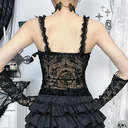 Mall Gothic Spaghetti Strap Tanks Top Hot Sexy V-neck Lace Patchwork Camisole Basic Slim Vests Summer Techwear Women