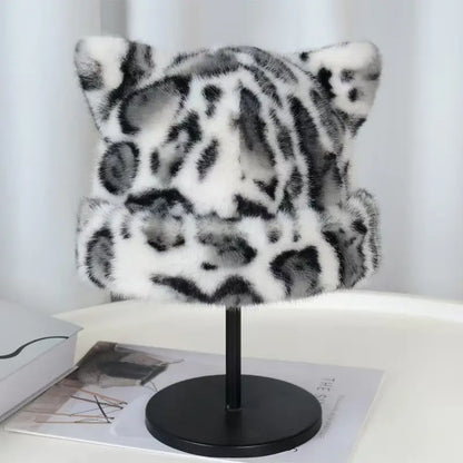 Women's Winter Cute Beanies Hats Fake Fur Keep Warm Leopard Print Rolled Edge Beanie Caps