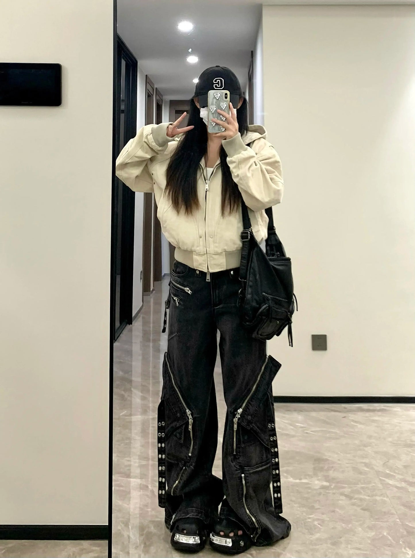 Black Gothic Punk Multi-Pocket Zipper Black Jeans Men And Women Y2K American Baggy Fashion Vintage Casual Loose Wide-Leg Jeans