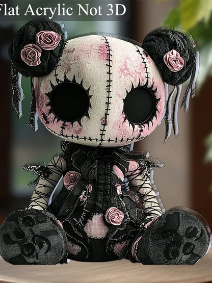 Gothic Horror Doll Vinyl Decoration - Skull & Roses 2D Art for Halloween & Cafes