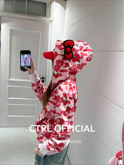 In  Stock  Anime Hello Kittys Hooded Jacket Girl Commuting Coat Jacket Kuromi Anime 3d Ears Hooded Cute Leopard Print Clothes