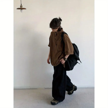 2024 New Summer Japanese Mens Set Harajuku Mid Sleeved Trendy Shirt+ Wide-leg Cargo Pants 2-pcs Thin Casual College Male Suit
