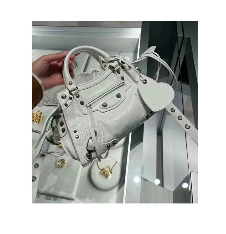 Neo Motorcycle Bag Handheld Rivet Head Layered Oil Wax Cowhide Crossbody Women's Bag Cool And Spicy Girl Retro Style Tote Bag