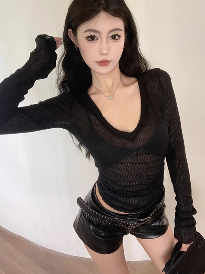 Women's Sheer V-Neck Long-Sleeve Top