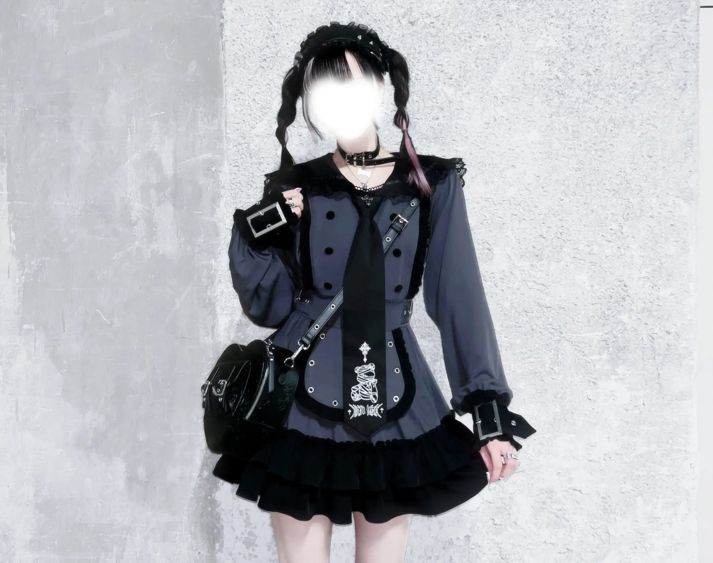 Women's Gothic Navy-Collar Maid Dress Set