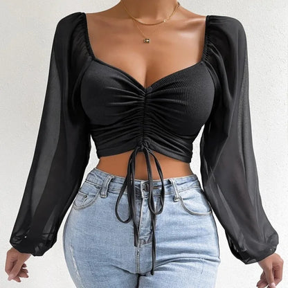 Women's Puff-Sleeve Lace-Up V-Neck Top