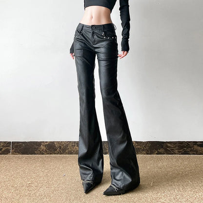 2025 Autumn Winter Women's PU Pants Low Rise Goblin Core Faux Leather Trousers Bell Bottom Gothic Japanese Y2k Stretch 2000s New