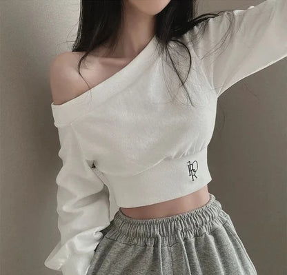 Slim Fit Long Sleeve Hoodie Women's Style Irregular Collar Show Shoulder Waist Cinching Short Length Commute Fashion  Color