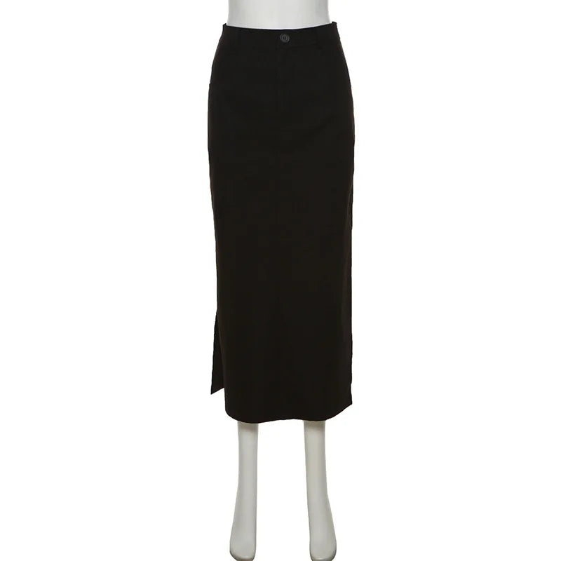 Women Midi Skirts Goth Dark Grunge Casual Tag Split Mall Gothic Punk High Raise Slim Long Skirt Y2k Sexy Fashion Streetwear