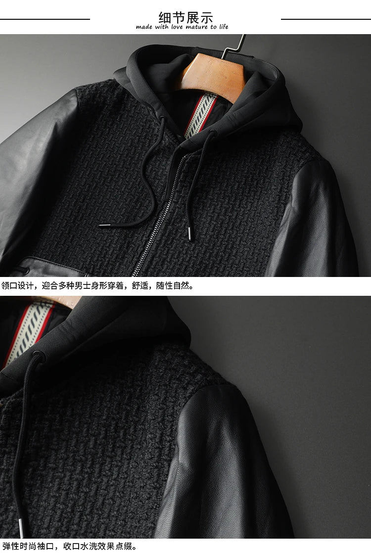 Minglu Autumn Winter Goatskin Men's Jackets High Quality Solid Color Hooded Genune Leather Male Coats Zipper Casual Man Overcoat